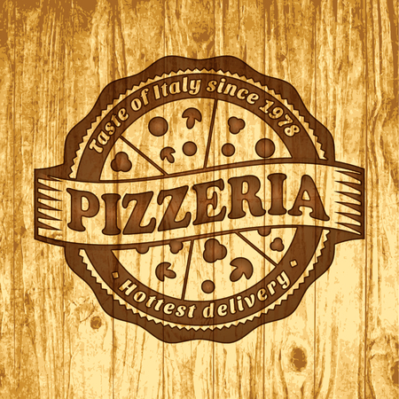 Vector pizzeria logo on vintage wood backgroundのイラスト素材