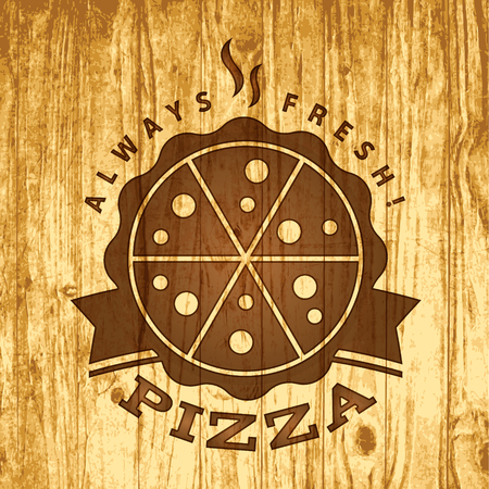 Vector pizzeria logo on vintage wood backgroundのイラスト素材
