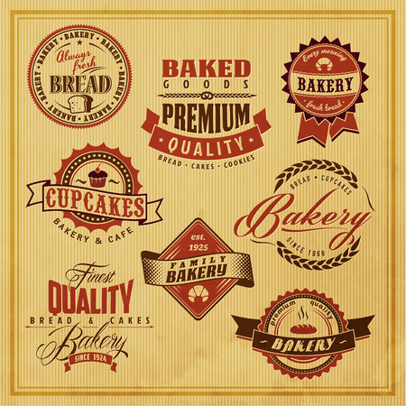 Set of bakery bread label retro design elements on brown grunge textureのイラスト素材