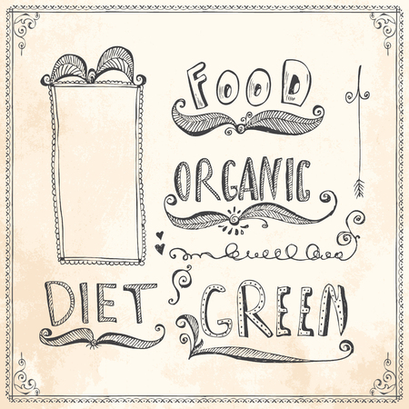 Vector organic food lettering doodle design elements on vintage paper backgroundのイラスト素材