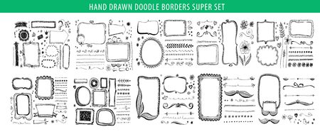 Hand drawn line, border, frame vector design element set. Template for invitation or greeting card.のイラスト素材