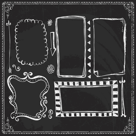 Chalkboard style hand drawn doodle frames, border lines and design elementsのイラスト素材