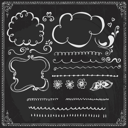 Chalkboard style hand drawn doodle frames, border lines and design elementsのイラスト素材