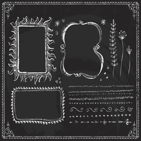 Chalkboard style hand drawn doodle frames, border lines and design elementsのイラスト素材