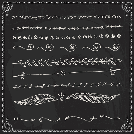 Hand drawn vector border lines set on chalkboard backgroundのイラスト素材