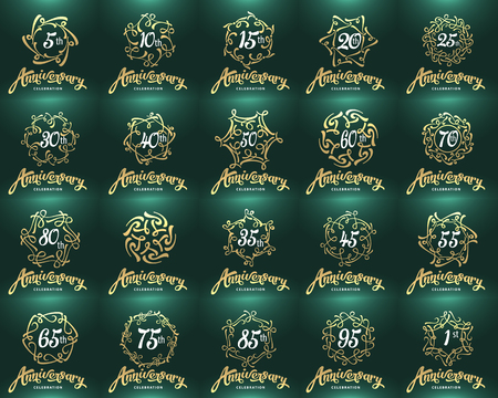 Green birthday or wedding anniversary golden vintage label design elements set for invitation cardのイラスト素材