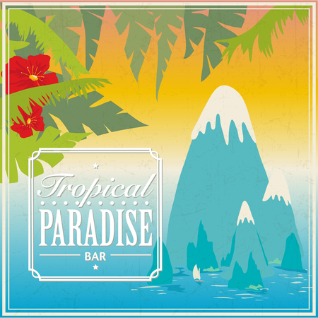 Summer beach bar logo or poster template  on tropical backgroundのイラスト素材