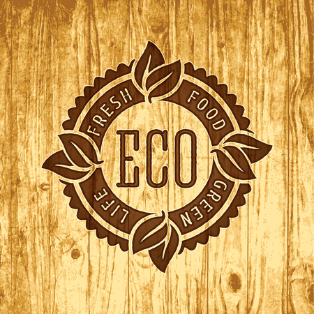 Natural organic farm fresh food logo on vintage wood backgroundのイラスト素材