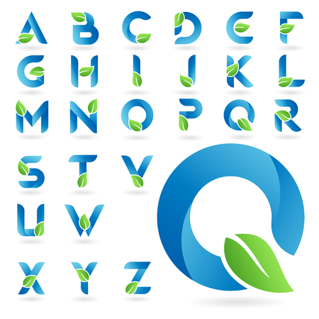 Letters set of natural organic food leaf blue cool logo templateのイラスト素材