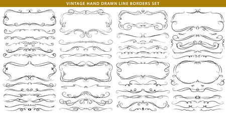 Hand drawn vector ornate swirl doodle vintage calligraphic design elements. Borders, frames, dividers set for wedding greeting and invitation card.のイラスト素材