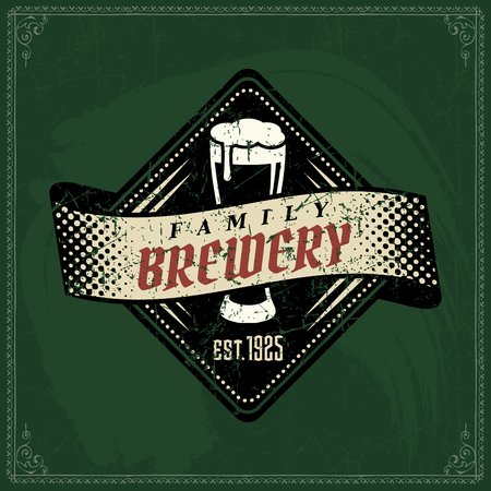 Craft beer brewery color logo on vintage green chalkboard background. Template for bar or pub.のイラスト素材