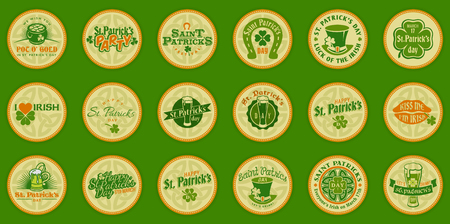 Saint Patricks day logo round labels icon set. Template for beer party invitation in bar or pubのイラスト素材