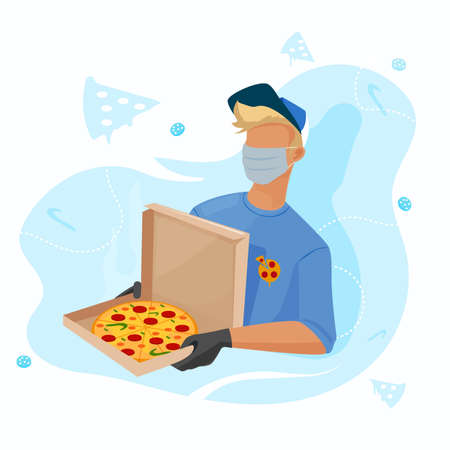 Food delivery during a pandemic. Pizza delivery man wearing a mask and medical gloves.のイラスト素材