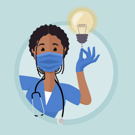 A nurse in medical mask looks from around the corner.The light bulbglow. It is an idea, a hint.