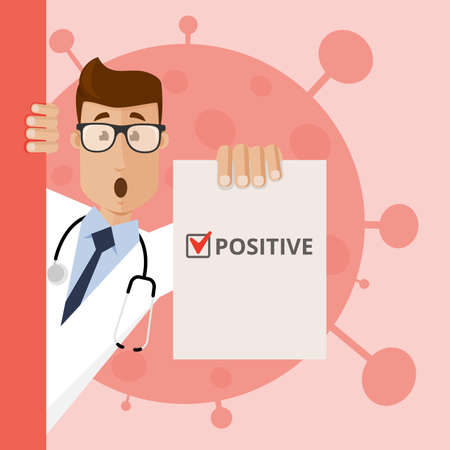 A doctor in a white coat holds the test result. The test is positive.のイラスト素材