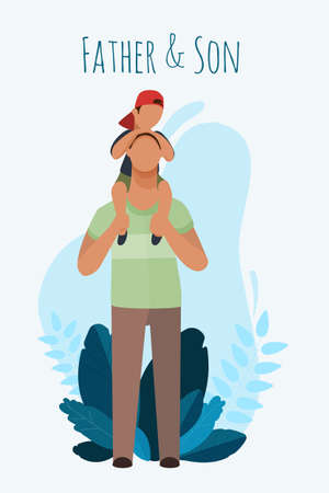 The little son sits on his fathers shoulders.のイラスト素材