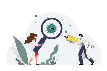 A woman doctor holds a magnifying glass.Doctor hold a syringe with a vaccine.Rapid detection and destruction of COVID19.のイラスト素材