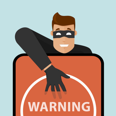 The thief sneaks his hand into the phone. The firewall turns on and the phone shows danger.のイラスト素材
