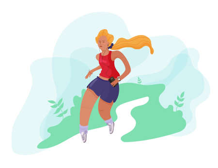 A young girl is running around the park with headphones and listening to music.のイラスト素材