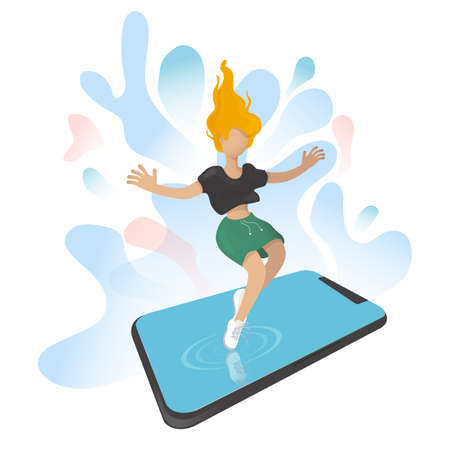 A young teenage girl falls into her cell phone. Addicted to the Internet and social media.のイラスト素材