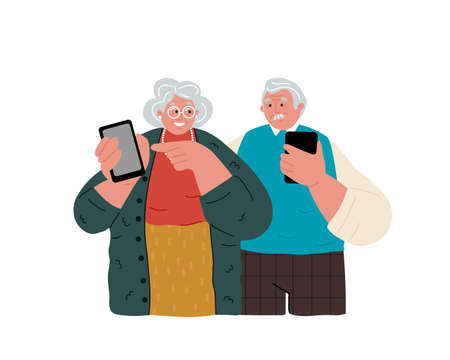 Grandmother is teaching grandfather how to use a cell phone. Pensioners and new technology.のイラスト素材