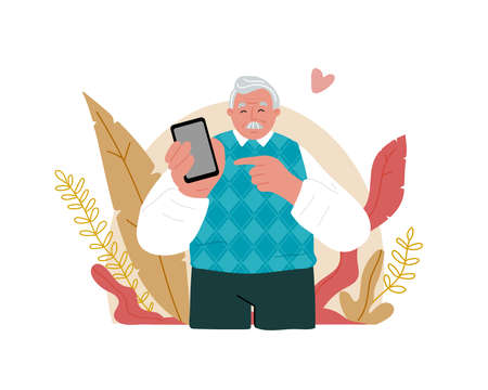 An elderly grandfather is holding a cell phone.Senior people using smart devices.のイラスト素材