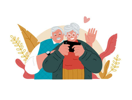 A couple of elderly people with a cell phone.Calls through a mobile device.のイラスト素材