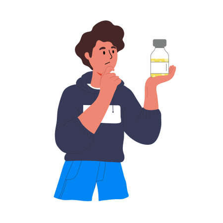 A boy is holding a vaccine vial. Do I need the vaccine, contraindications, different types of vaccines.のイラスト素材