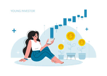 The girl sits on the floor with mobile phone, stock market investment,income money,young generation.Vector illustration.のイラスト素材