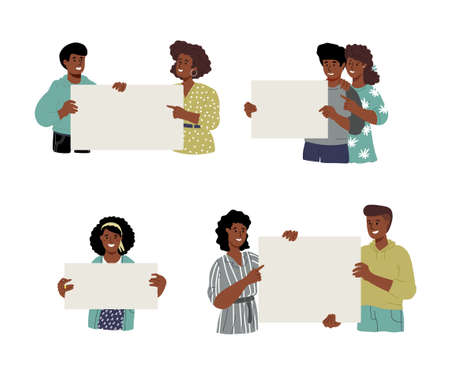 Couples and people one by one,holding placards,banner,poster. African american men and woman. Vector flat illustration.のイラスト素材