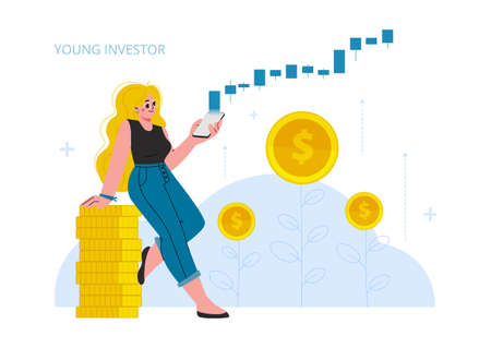 The woman invest in stock market, growth, income money, rising rate,profit, young generation.Modern vector illustration.のイラスト素材