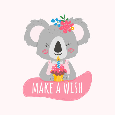 Cute Koala girl holding a birthday muffin with a candle, birthday card,invitation.Vector flat illustration.のイラスト素材