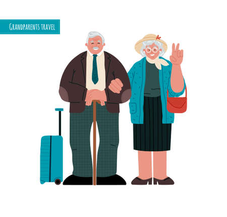 Elderly couple traveling alone and with luggage on white background,the grandma is waving.Vector flat illustration.のイラスト素材