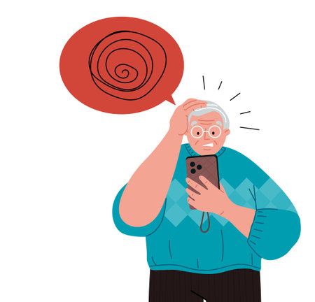 Grandfather has a problem with mobile phone,technology,gadget.Vector illustration concept.のイラスト素材