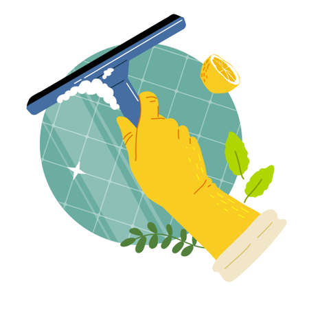 Hand in yellow gloves clean bathroom with squeegee.Clean with natural eco detergent,lemon,mint,soda.Vector illustration.のイラスト素材