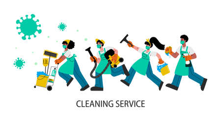 Janitors team in rubber gloves run to clean and disinfects homes and offices.Vector flat illustration.のイラスト素材