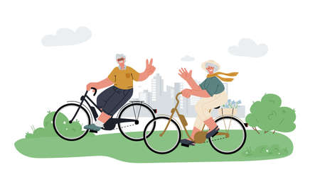 Active grandfather, grandmother ride e-bike in parkrelax.Active outdoor seniors life.Summer activity.Vector illustrationのイラスト素材