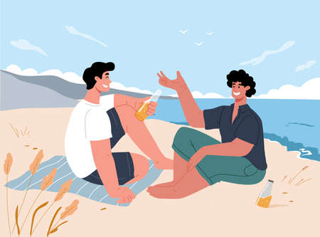 Two young men sitting on the beach in the summer,drinking beer and talking.The time with male friend.Vector illustrationのイラスト素材