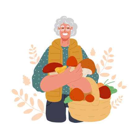Old woman hold a basket with mushrooms.Picking,hunting mushrooms in the fall forest.Active seniors.Vector illustration.のイラスト素材