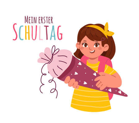 A firstgrader girl holding a school cone,schultuete.Text in German-my first day of school.Enrolment,german tradition.のイラスト素材