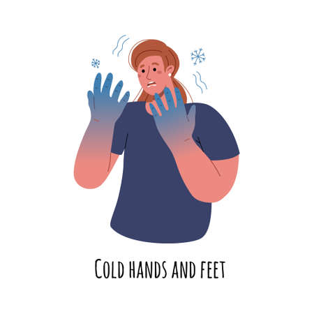 The woman has a fever and her hands are frozen,the girl caught a cold, caught a virus.Vector flat illustration.のイラスト素材