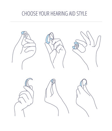 Types of hearing aids for the hearing impaired and the deaf.Hands hold different hearing aid technology.のイラスト素材