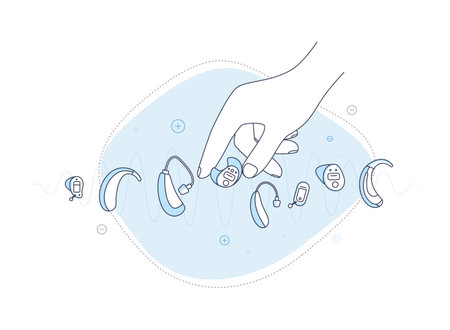 The hand reaches for the right listening device.Custom hearing aid fitting for deaf people.のイラスト素材