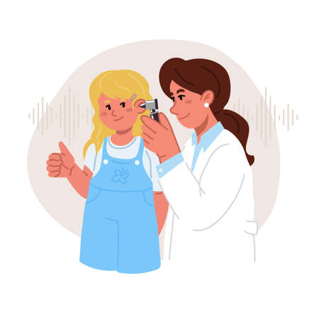 The female audiologist doctor checks the girls ears with otoscope.She shows the OK sign with her hand.Hearing exam.のイラスト素材