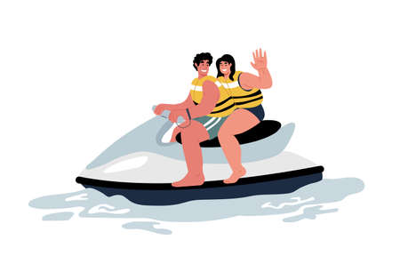 Active vacation for couple.Man and woman sitting on water bike,smilling,waving.のイラスト素材