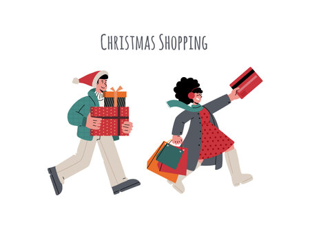 Couple shopping presents for Christmas,New Year.Woman holding credit card.のイラスト素材