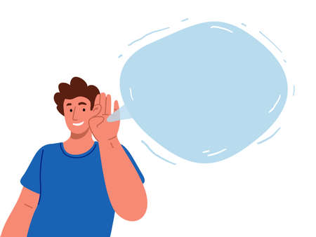 Man listening to content in blank speech bubble.Vector flat illustration.