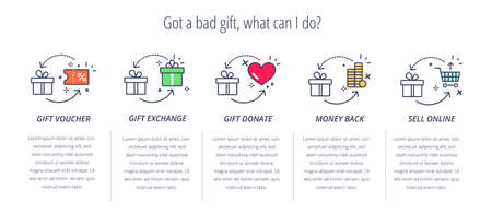 Return options for bad gifts after holidays.Set of line colorful vector icons.のイラスト素材