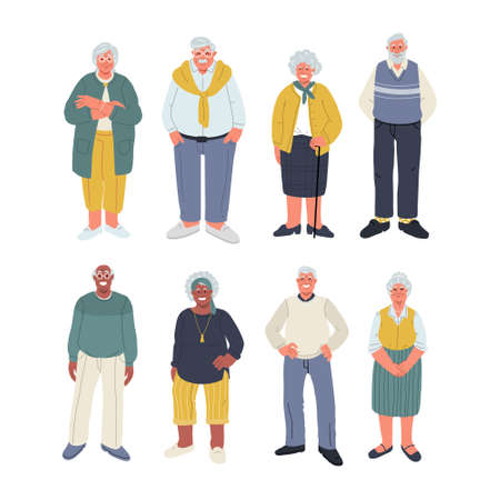 Group of elderly people in casual clothes isolated on white background.Seniors standing together and...