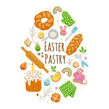 Easter pastry elements in egg form,kitchen utensils,traditional baking goodsのイラスト素材